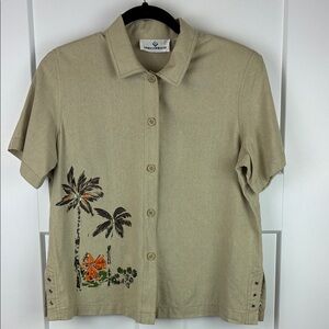Erin London Beige Silk Shirt Top Tropical Design Size Small d